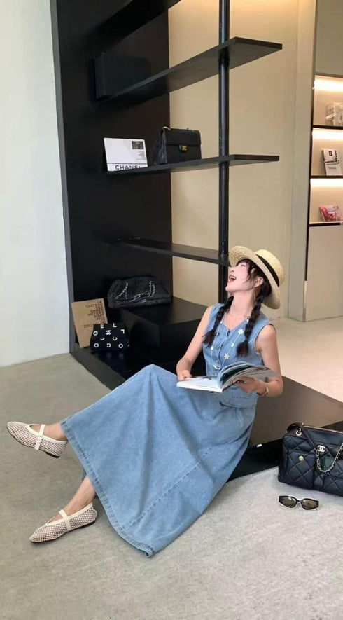 Summer Style Denim Vest With Long Skirt Sets
